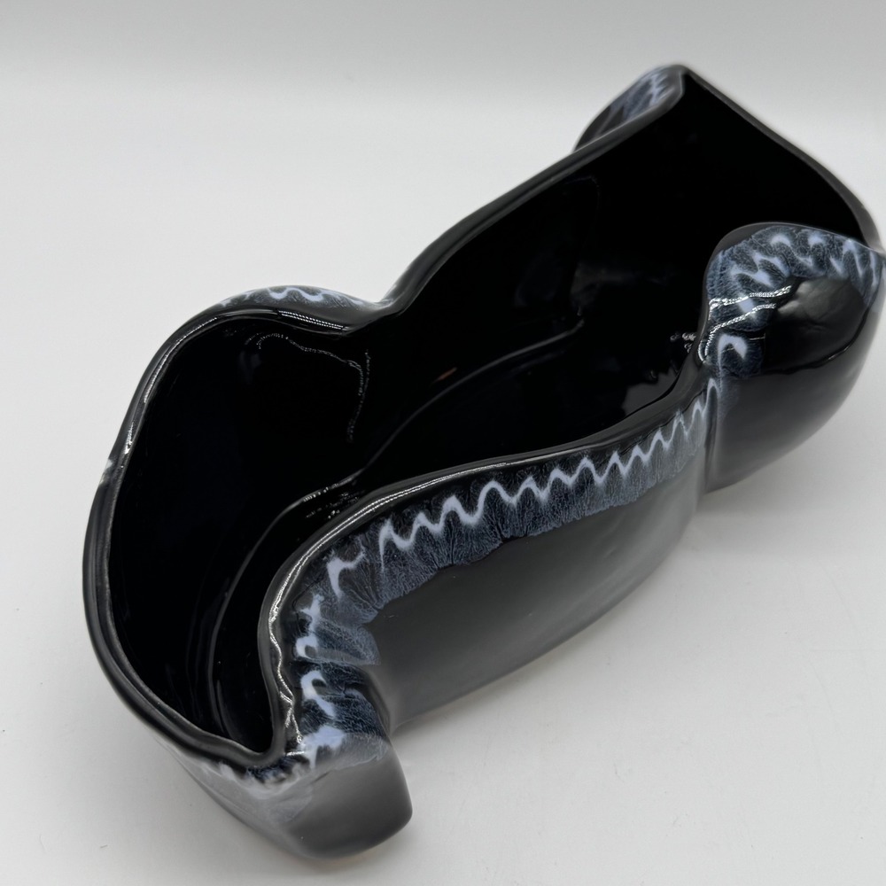 Vintage MCM Black Ceramic Boat Planter Wavy Ruffled Rim White Lava Glaze 10x5x3"